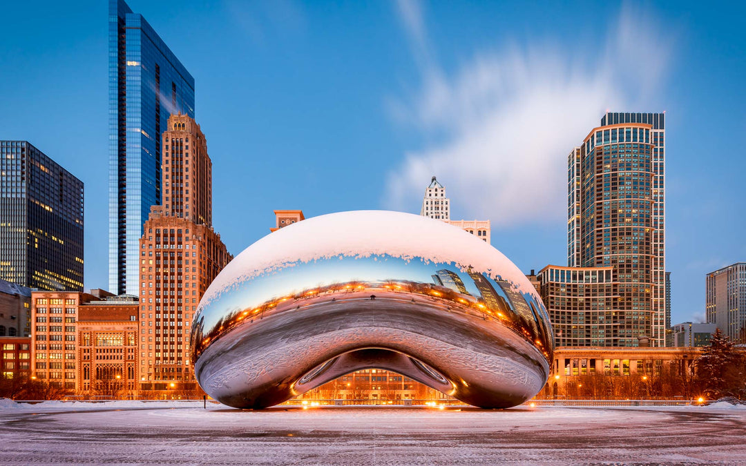 Chicago's Cloud Gate sculpture covered with snow