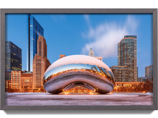 Framed print of Chicago's Cloud Gate sculpture covered with snow